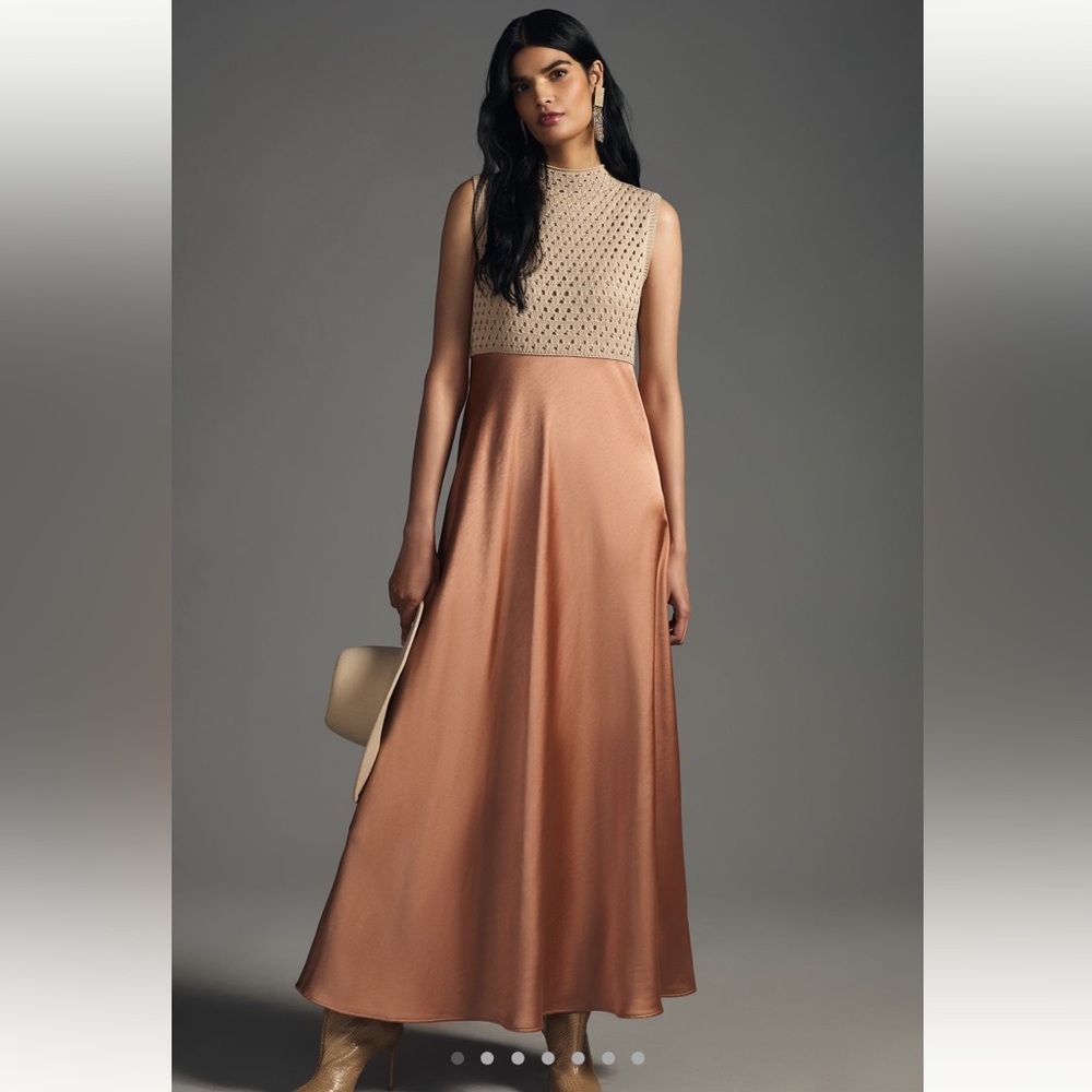 Anthropologie Mare Mare Mock-Neck Sleeveless Dress in Neutral Satin Knit Upper
